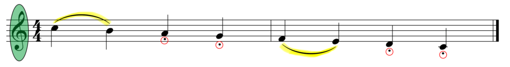How to Color the Music Score to Successfully Focus Special Needs and LD Students on Features of the Sheet Music - example of legato and staccato with highlighter and red pen applied
